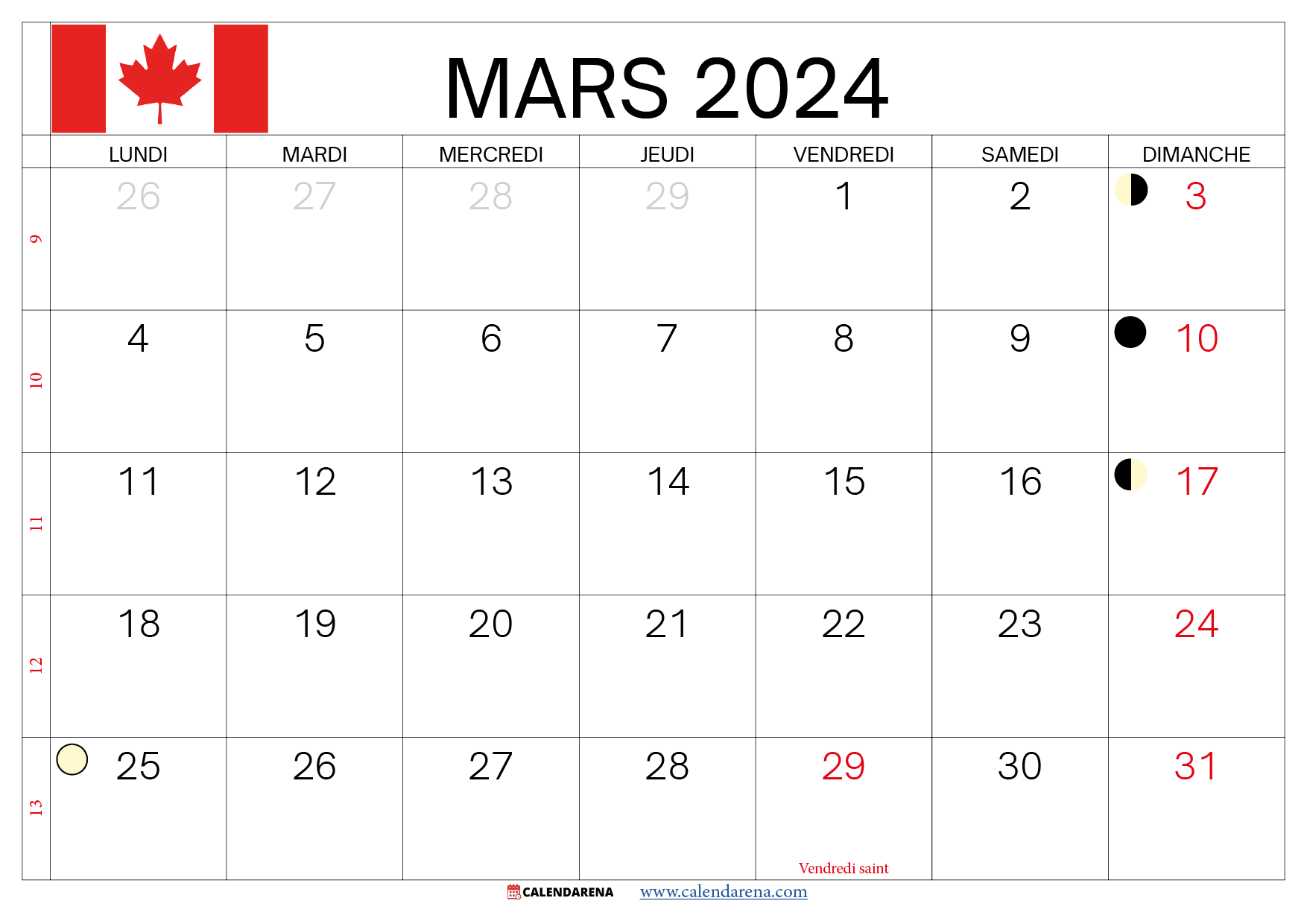 calendrier mars 2024 à imprimer québec