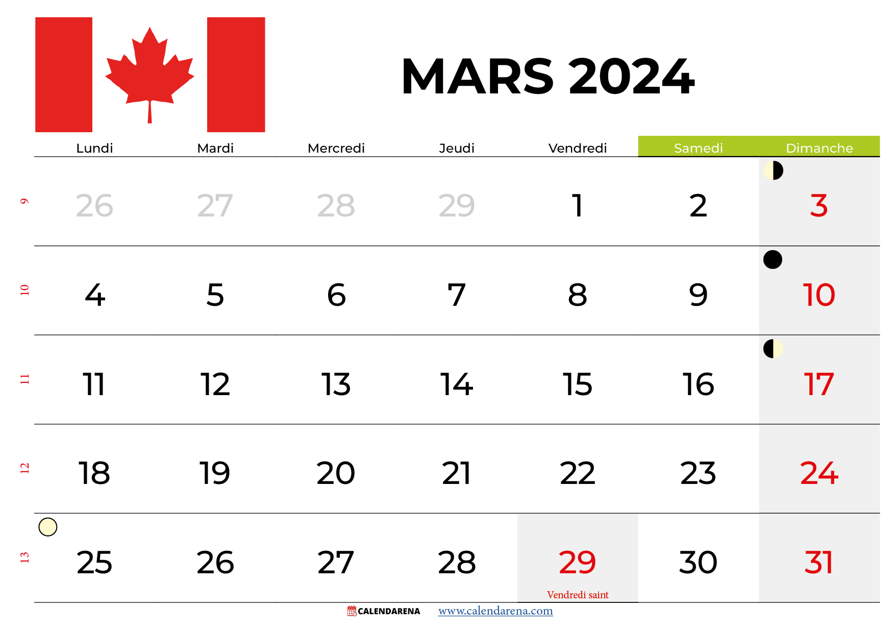 calendrier mars 2024 québec
