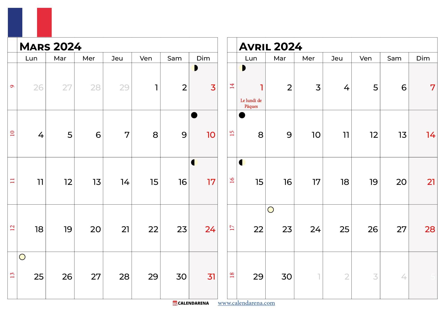 calendrier mars avril 2024 France
