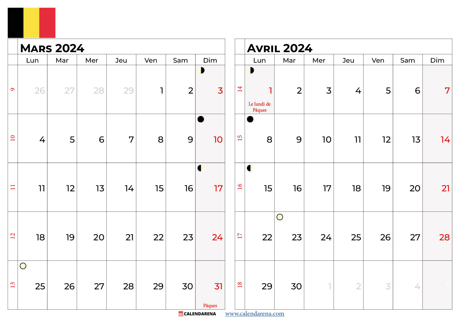 calendrier mars avril 2024 belgique