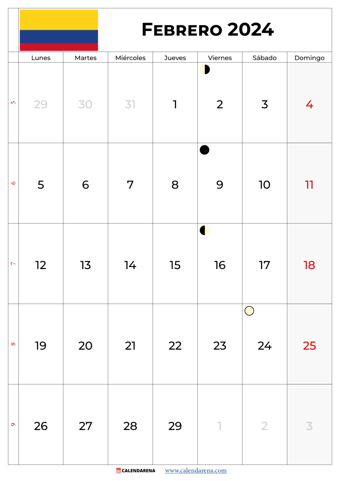 Calendario Febrero 2024 Colombia Para Imprimir