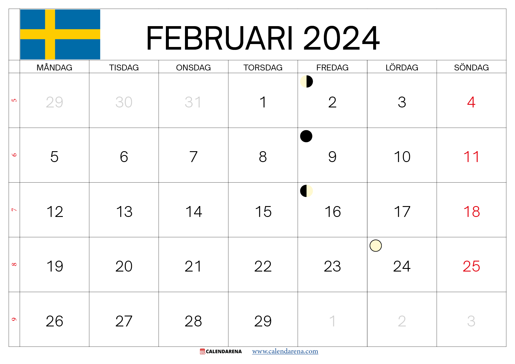 februari kalender 2024 Sverige