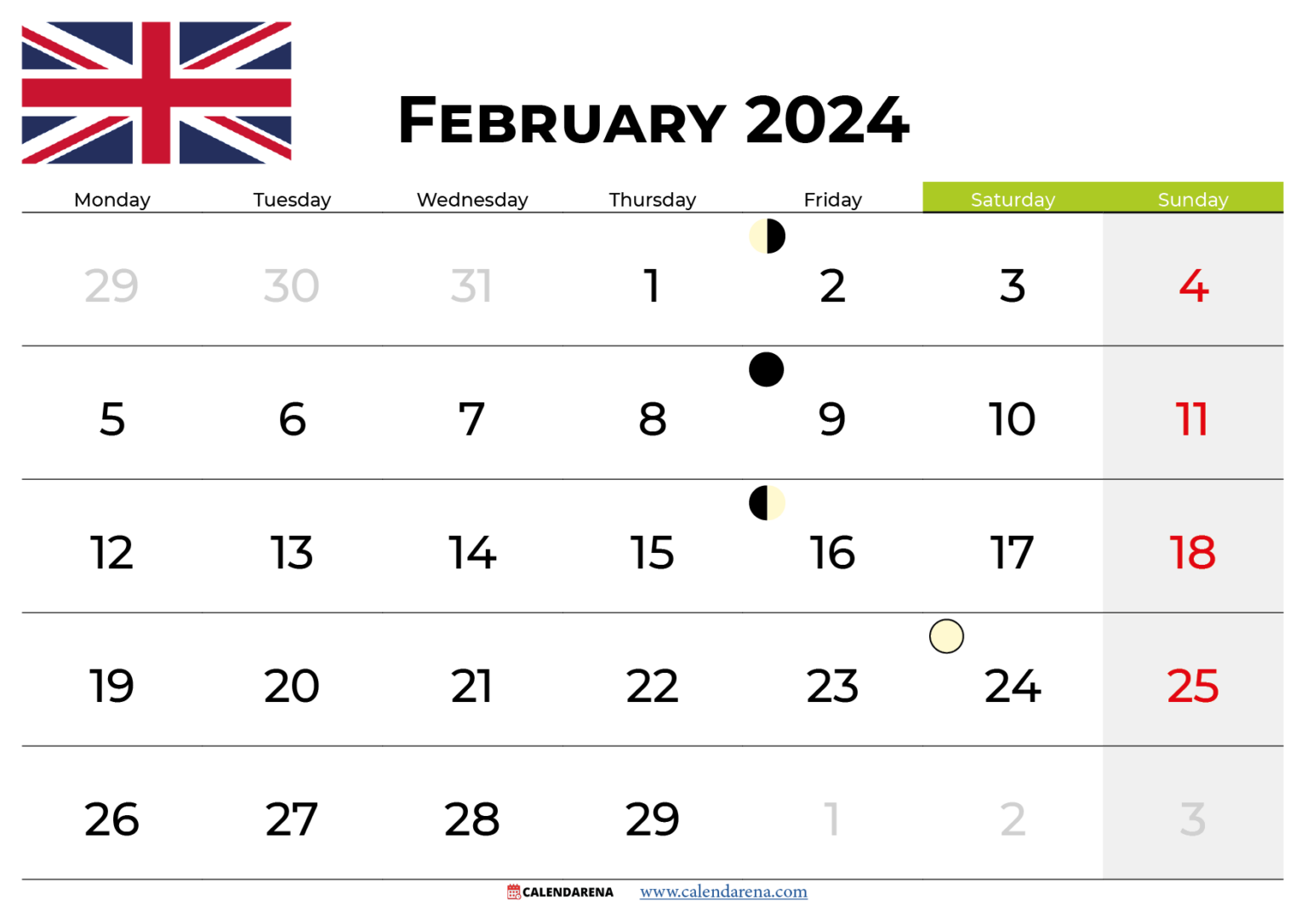 February 2024 Calendar Printable UK