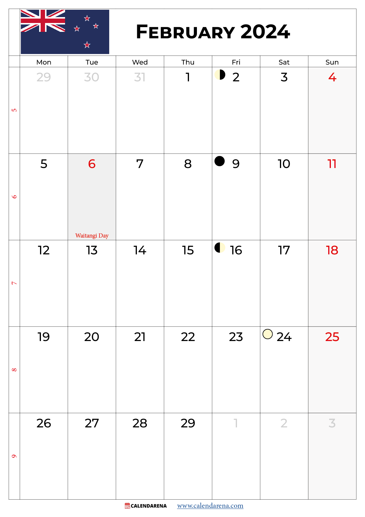 february 2024 calendar with holidays NZ