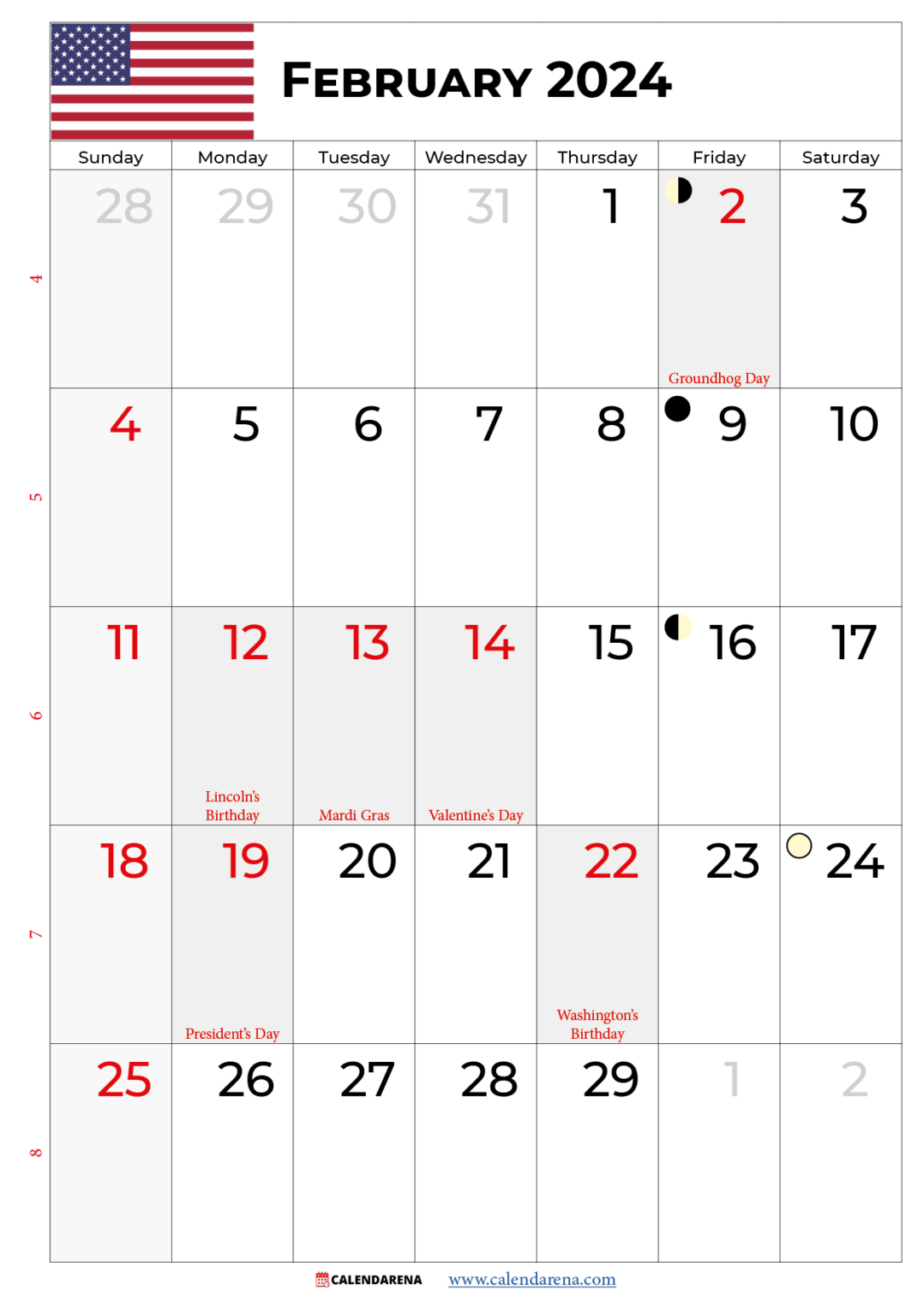 February 2024 Calendar Printable USA