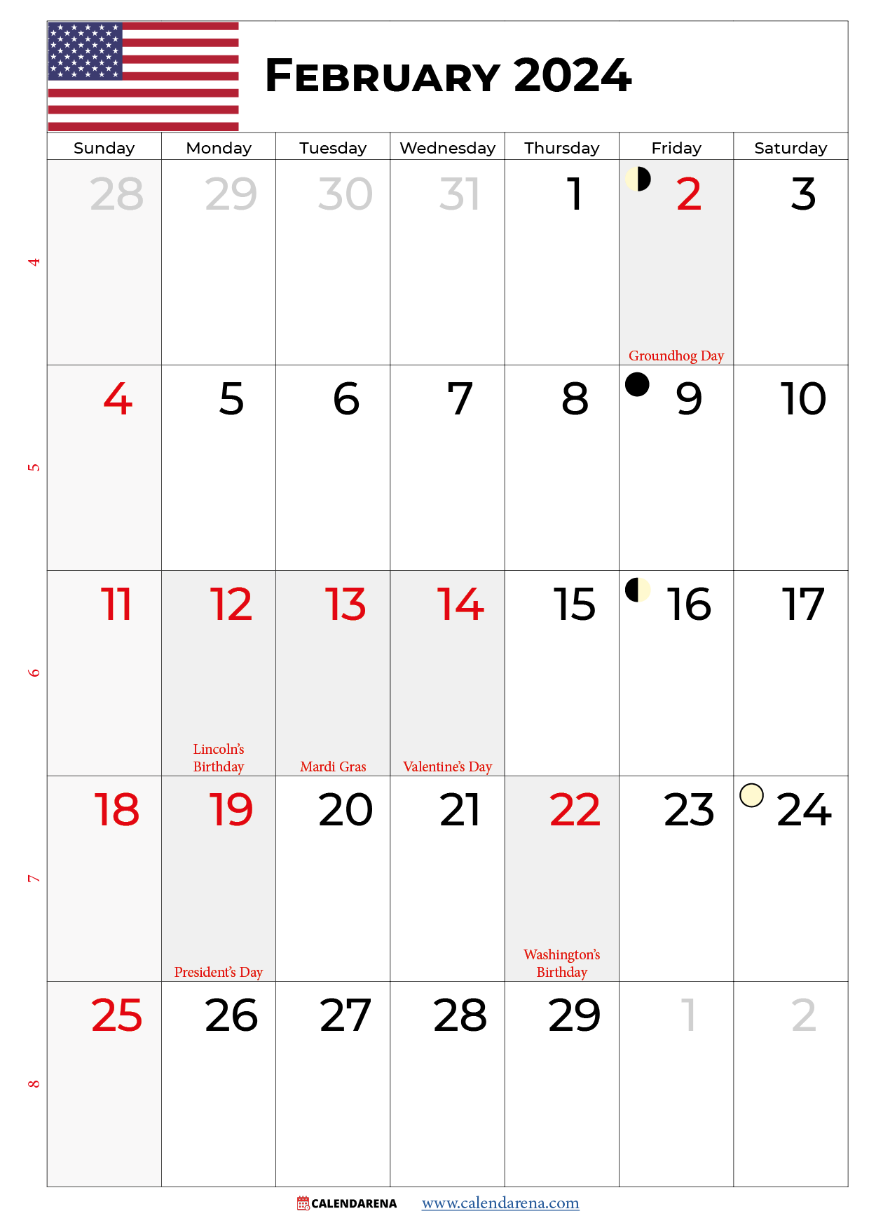 february 2024 calendar with holidays USA