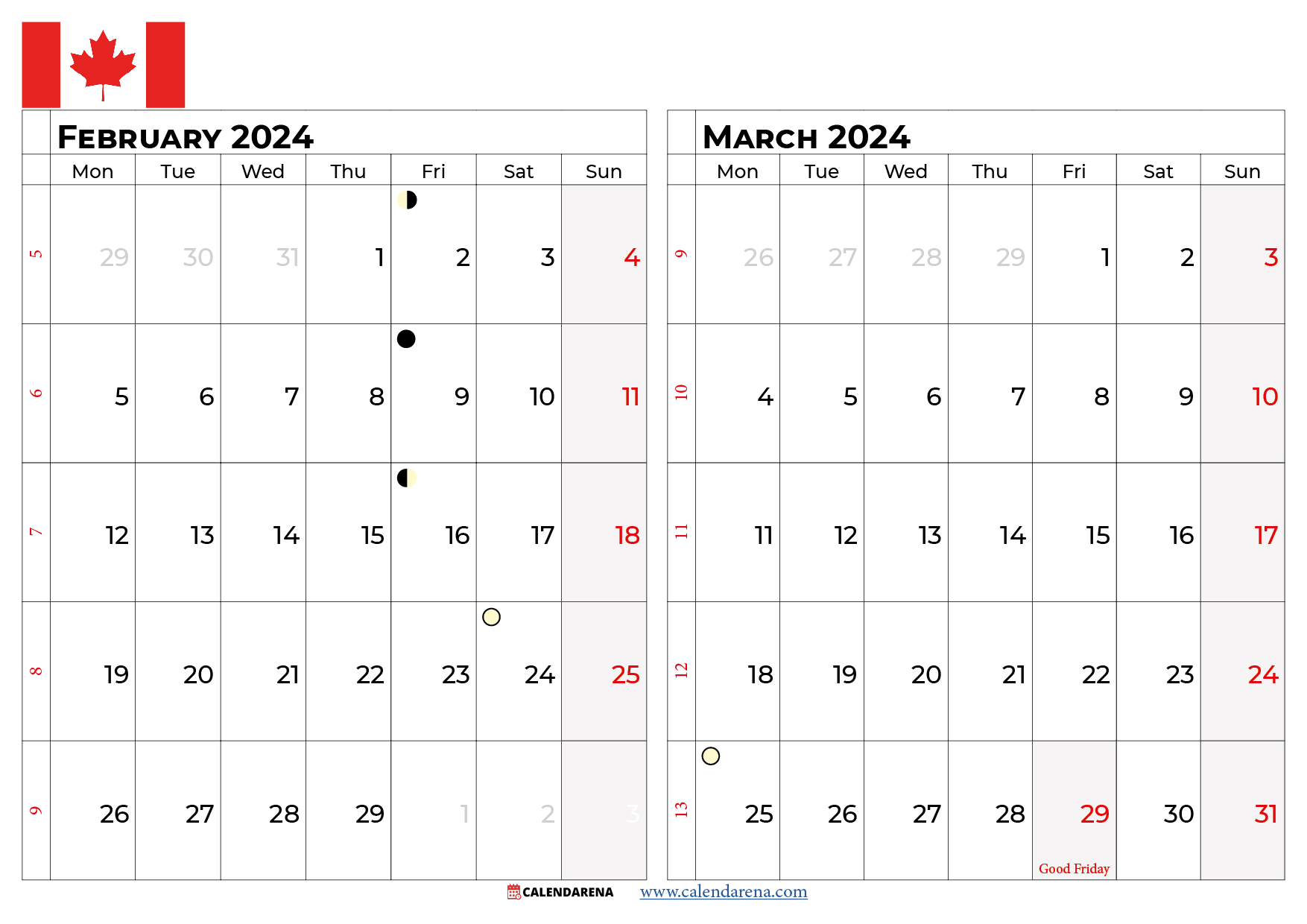 february and march calendar 2024 CANADA
