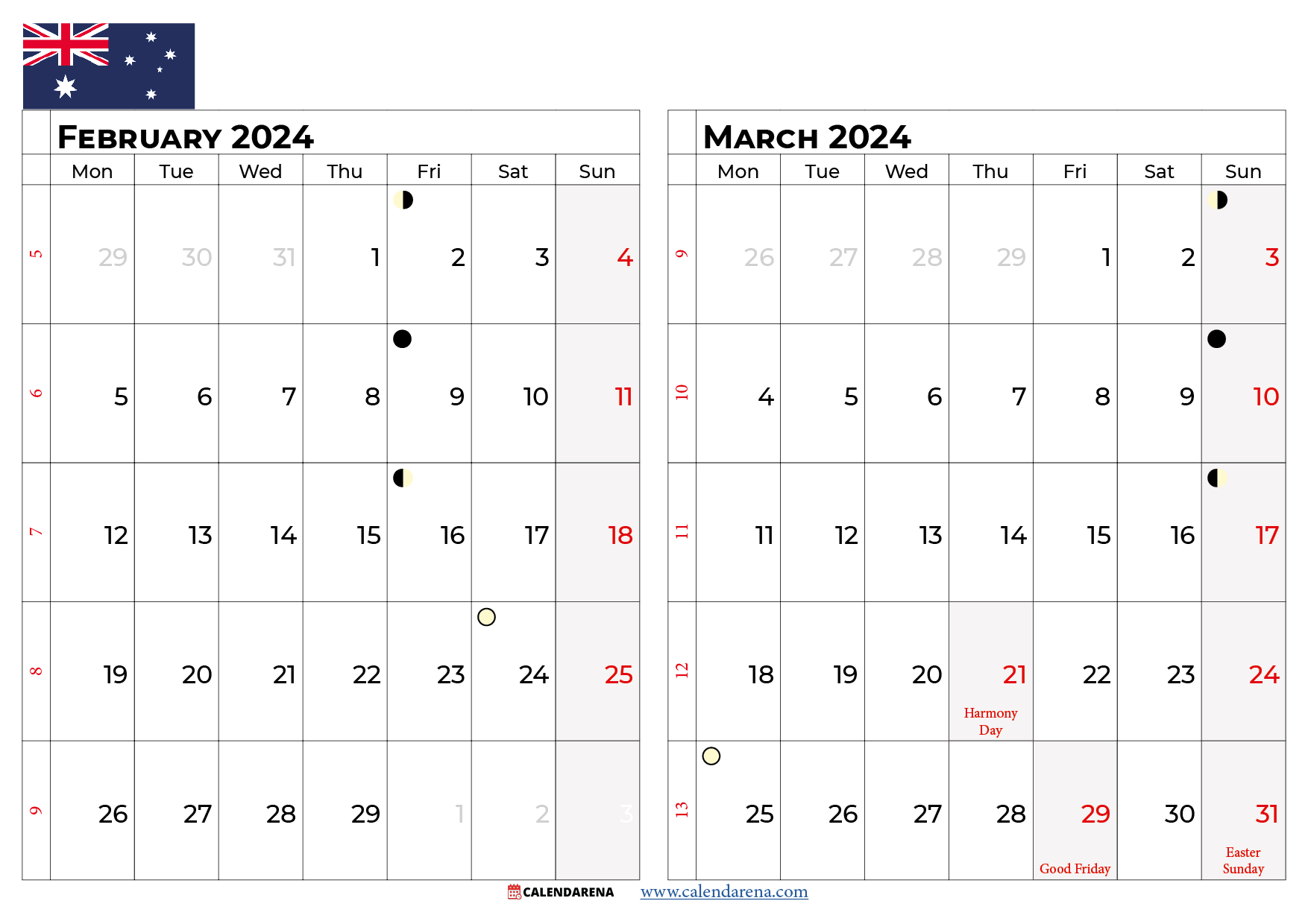 february and march calendar 2024 australia