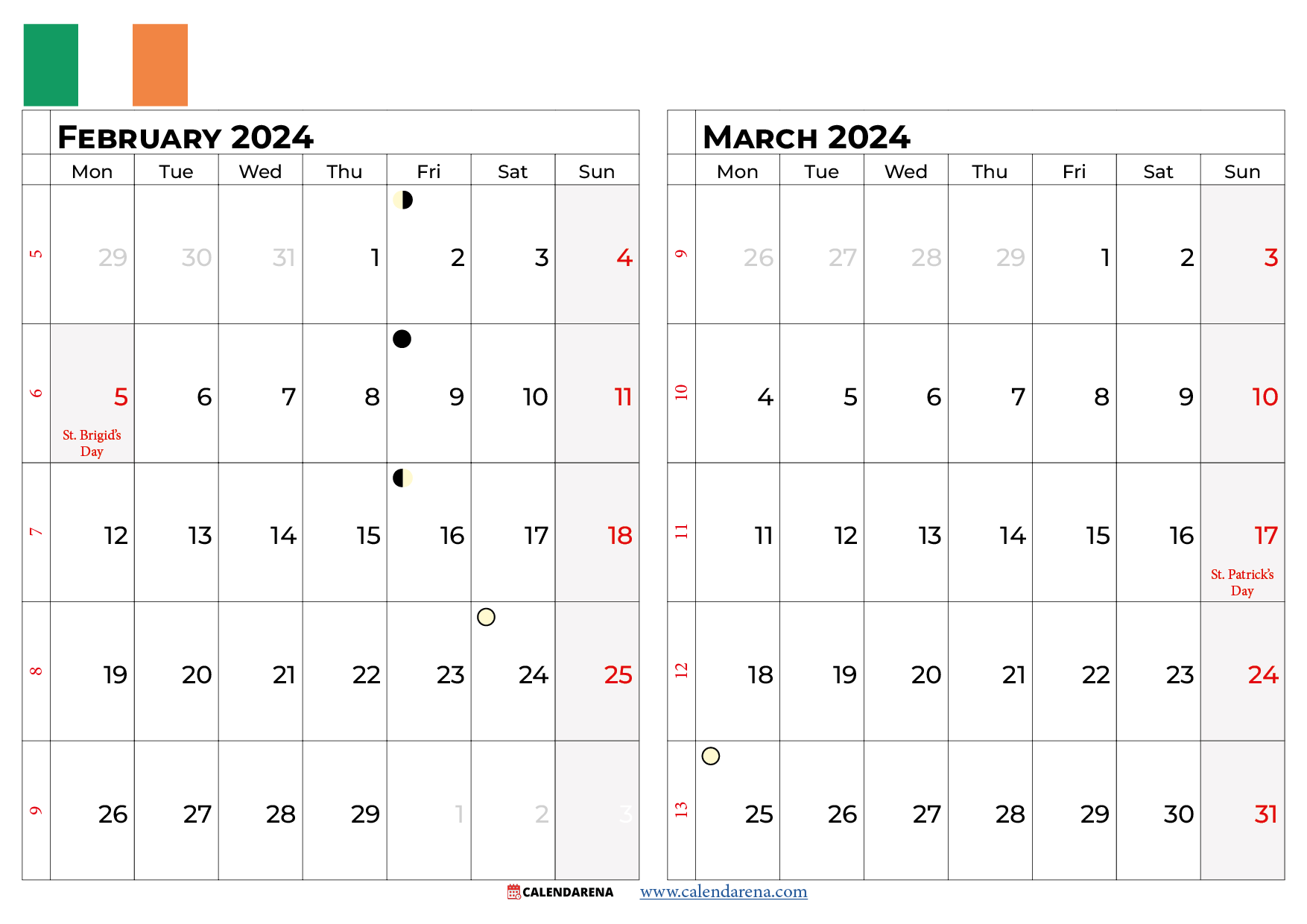 february and march calendar 2024 ireland