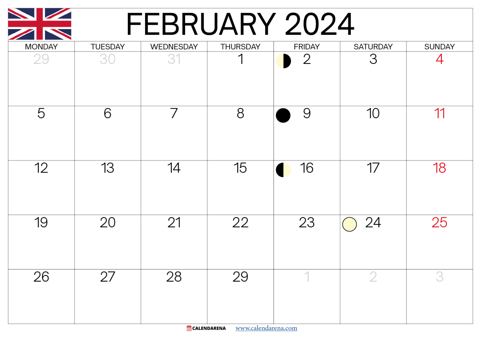 February 2024 Calendar Printable UK