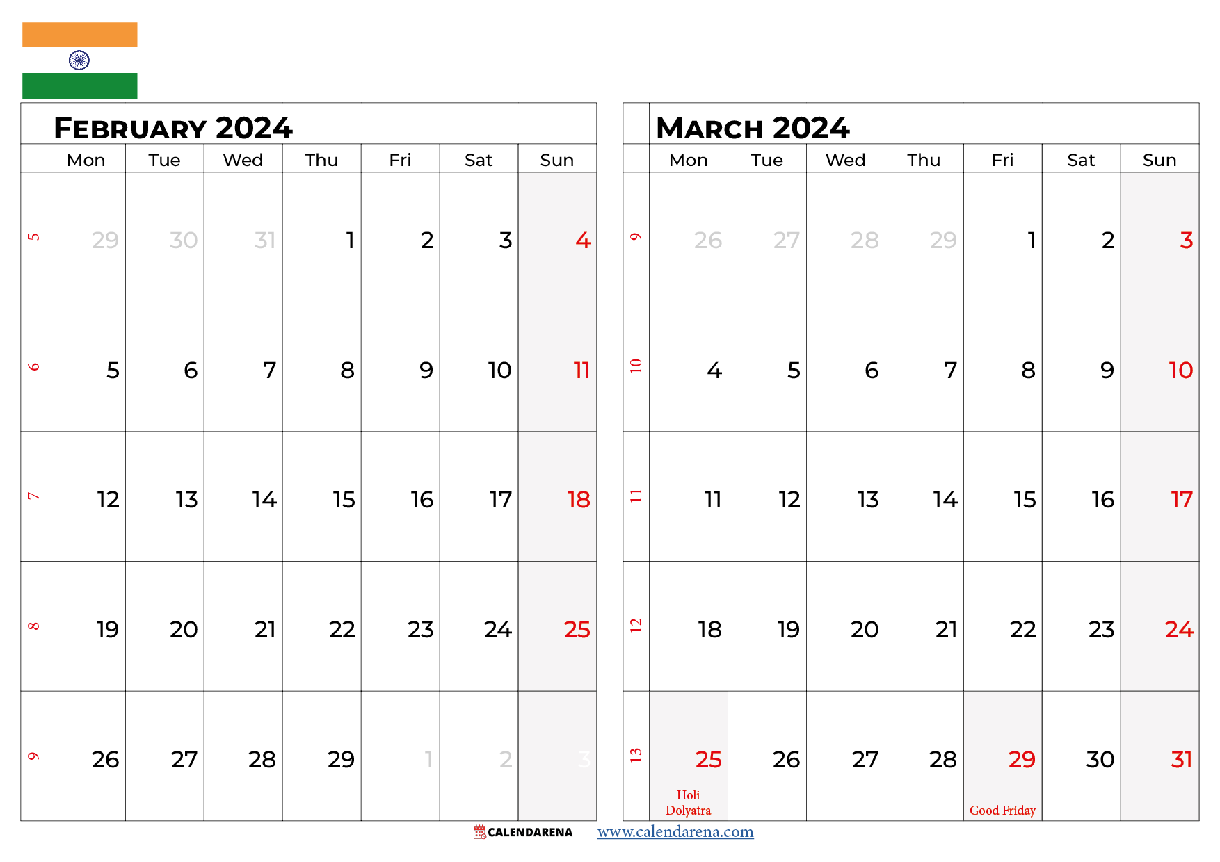 february march 2024 calendar with holidays india