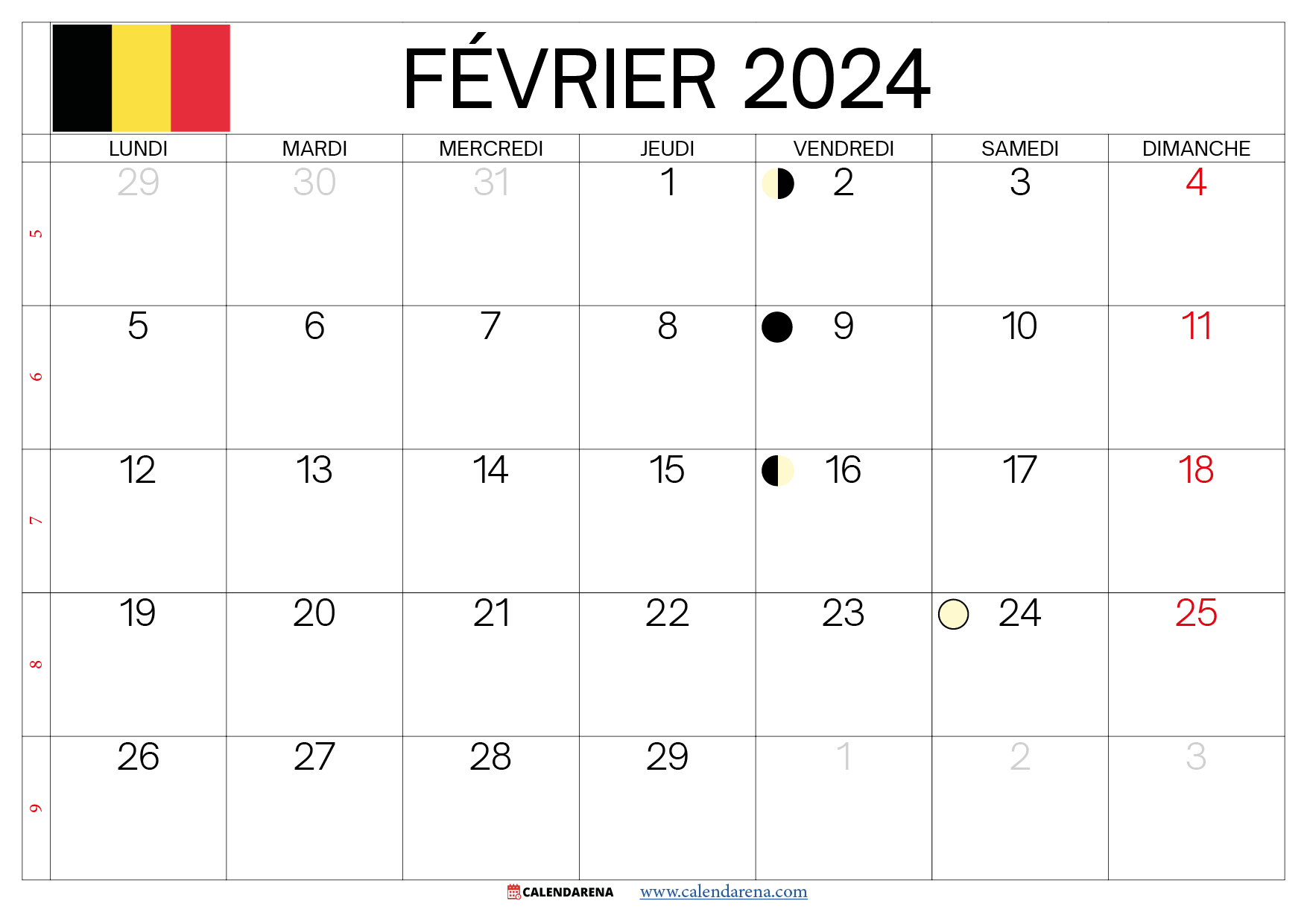 février 2024 calendrier belgique