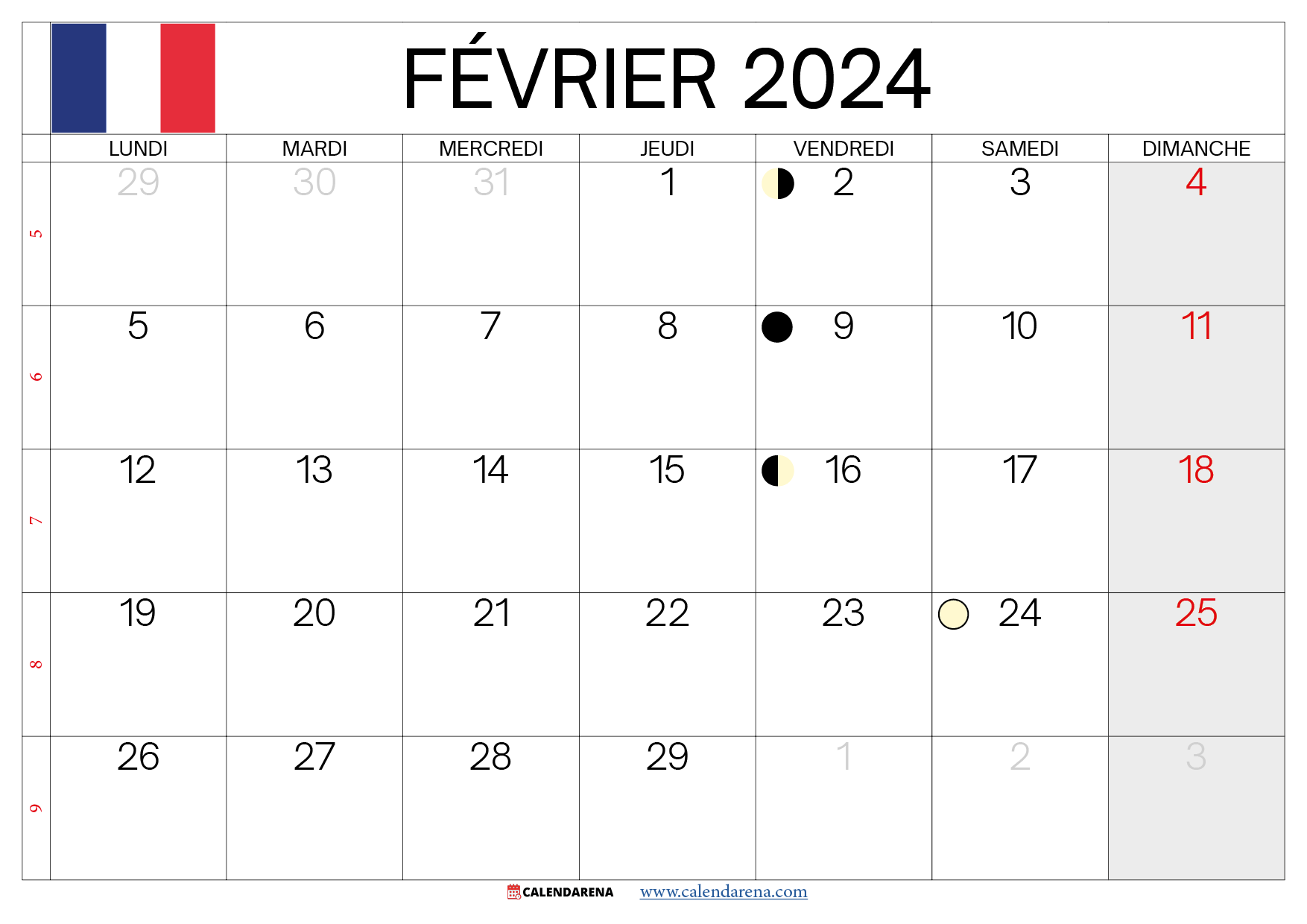 février 2024 calendrier france
