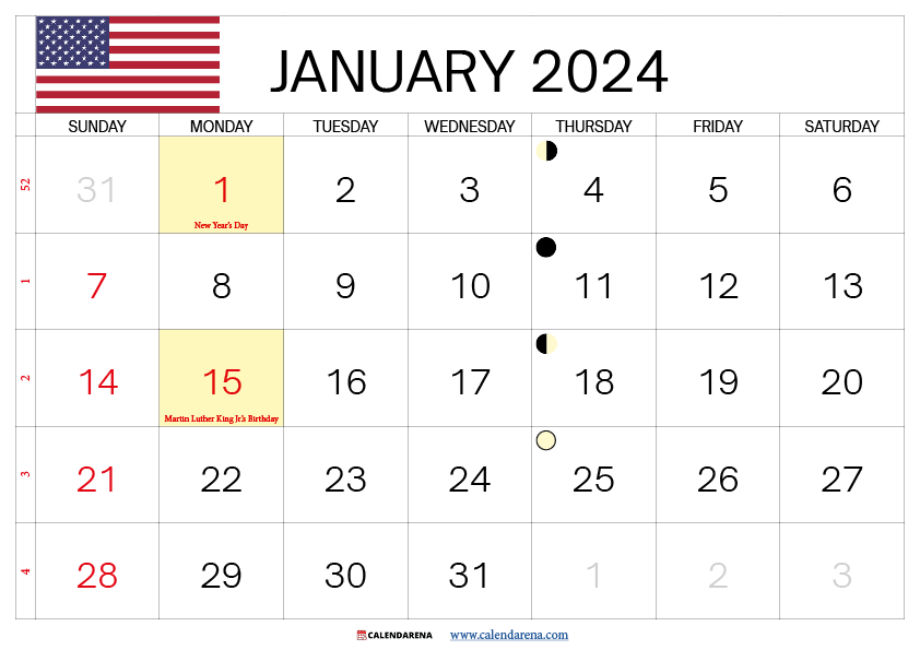 jan 2024 calendar printable USA