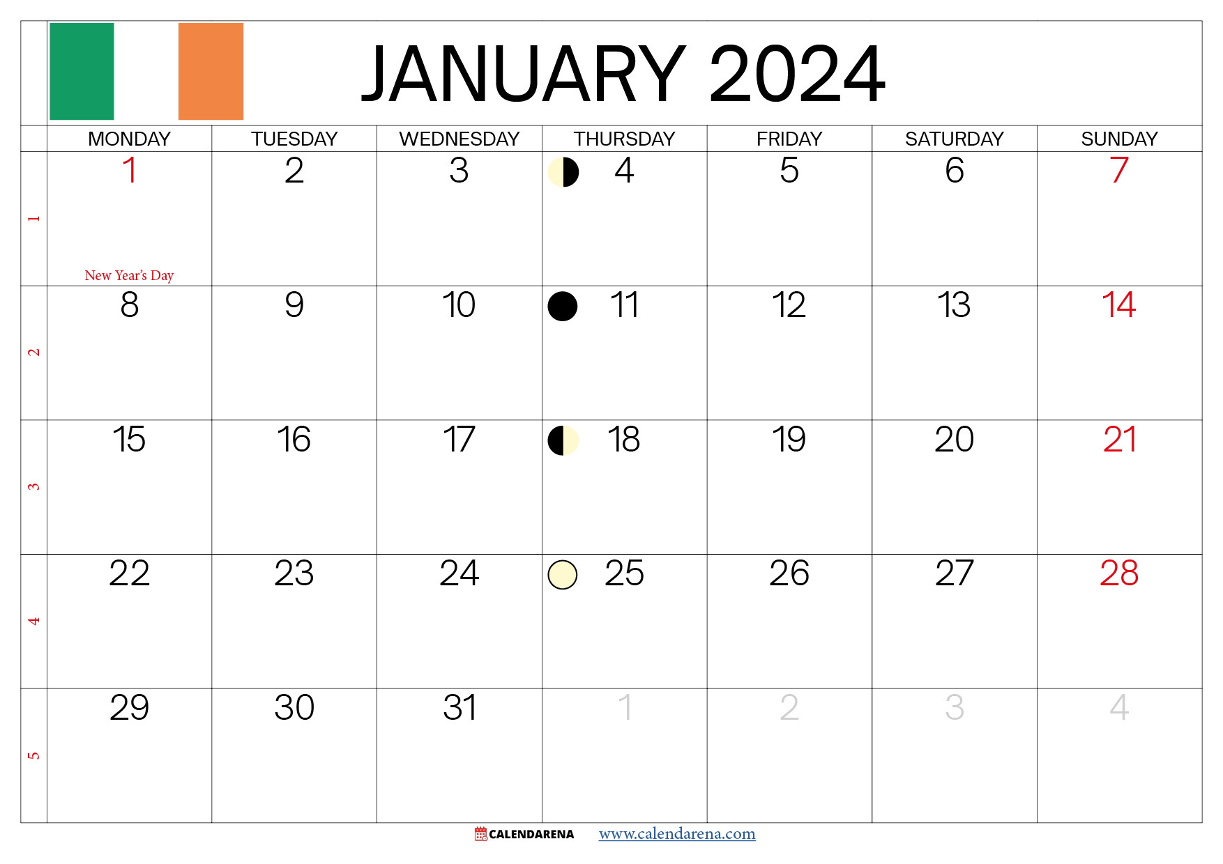 jan 2024 calendar printable ireland