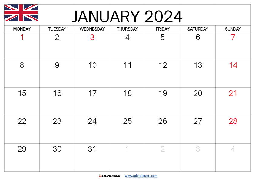 jan 2024 calendar printable uk