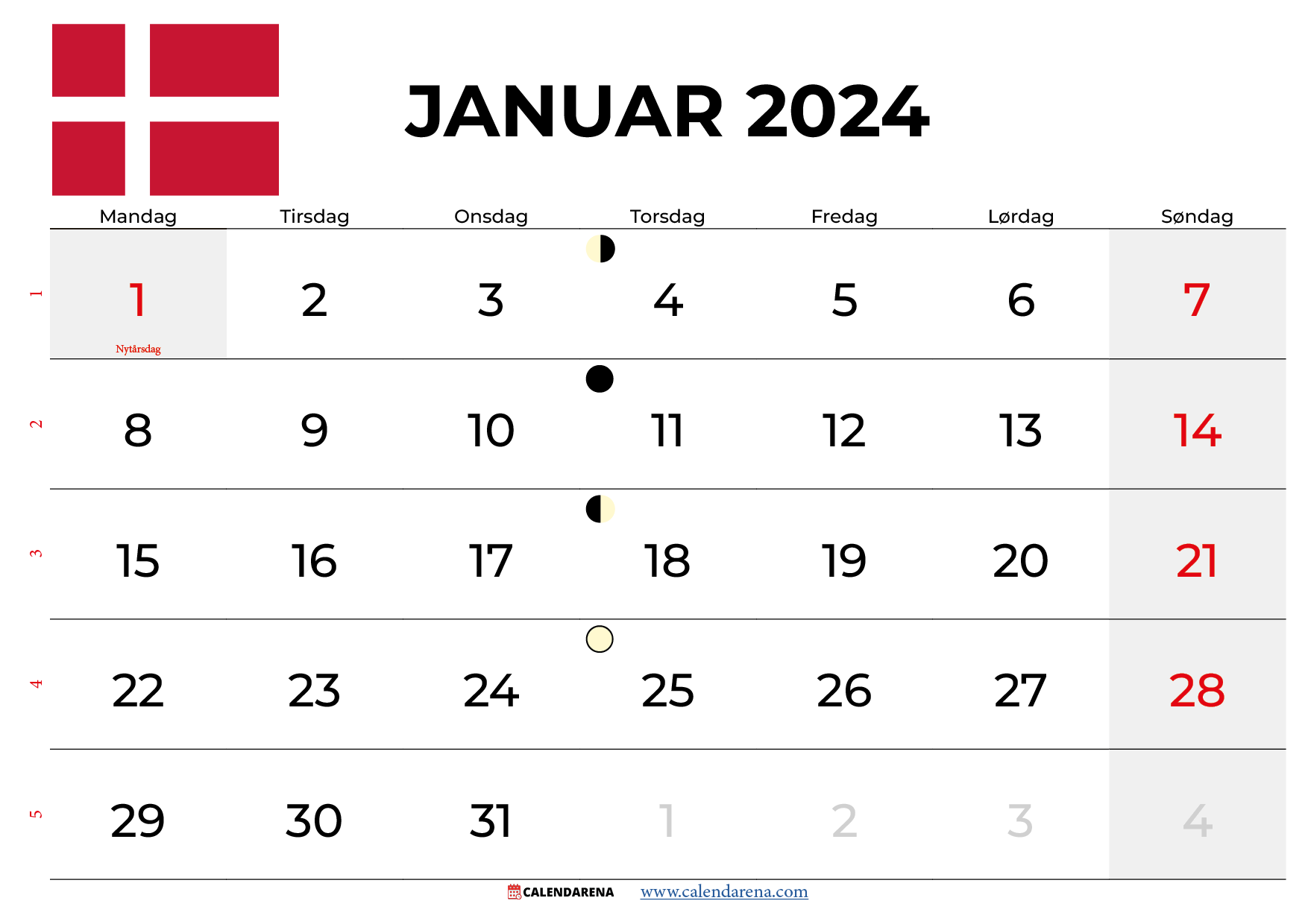 januar kalender 2024 Danmark