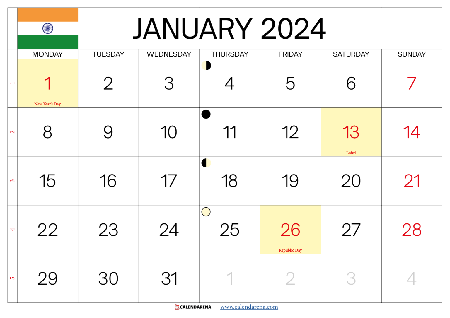 January 2024 Calendar India