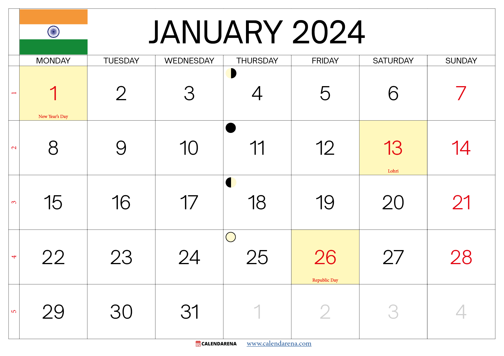 january 2024 calendar india