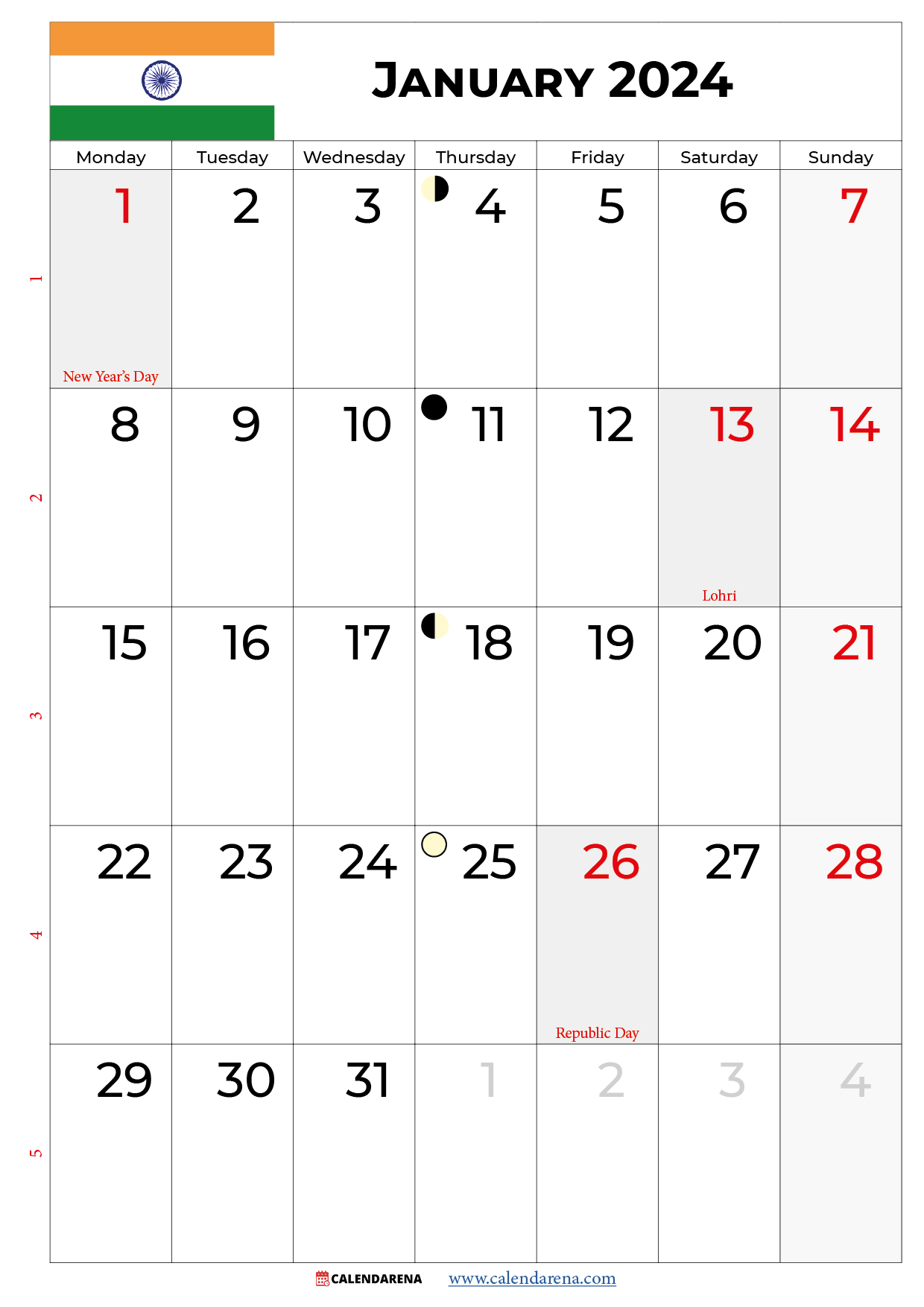 january 2024 calendar print india