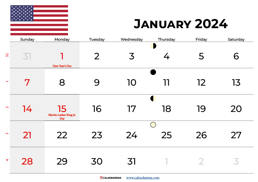 january 2024 calendar printable USA