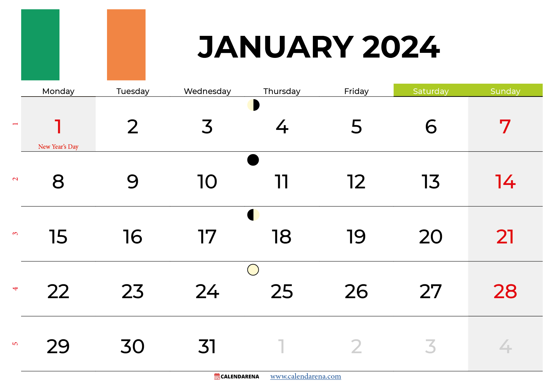 january 2024 calendar printable ireland