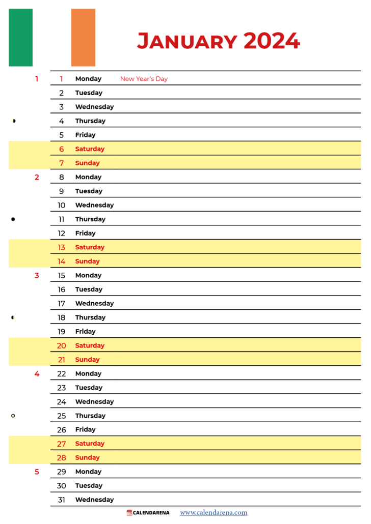 January 2024 Calendar Ireland Printable