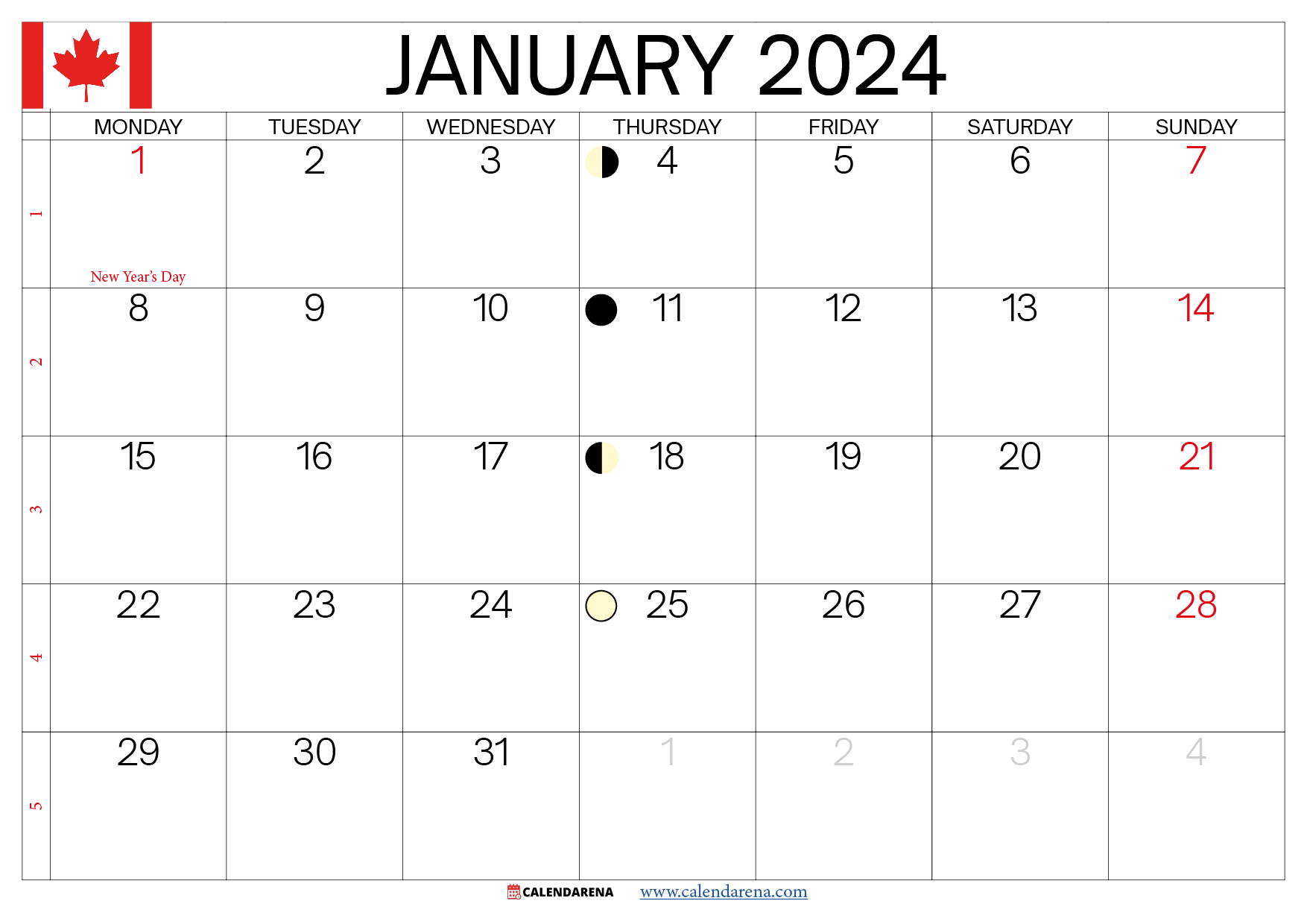 january 2024 calendar with holidays canada