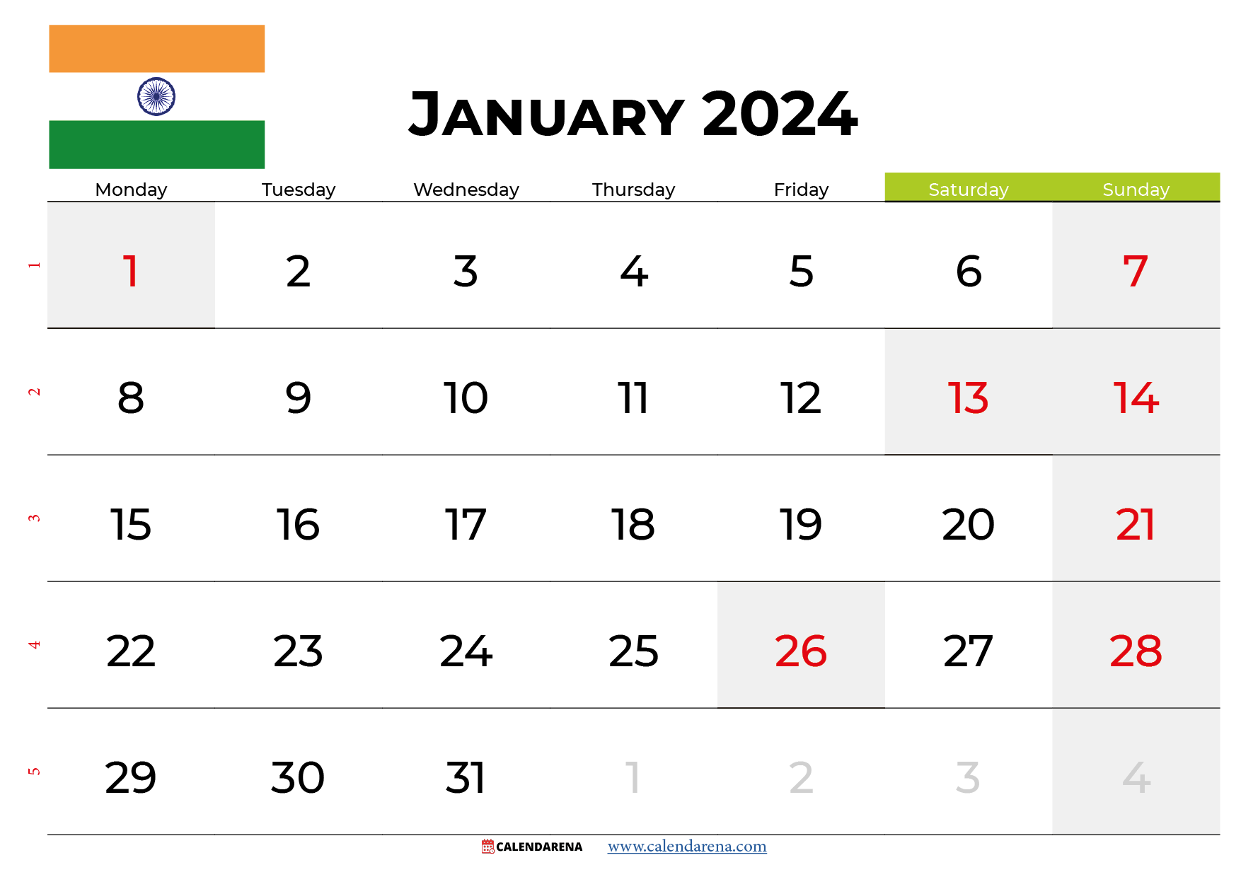 january 2024 calendar with holidays india