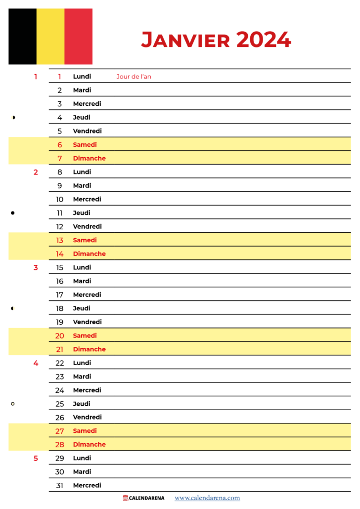 Calendrier Janvier 2024 Belgique à Imprimer