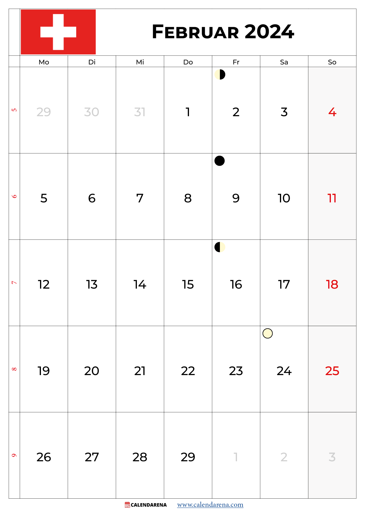 kalender 2024 februar zum ausdrucken Schweiz