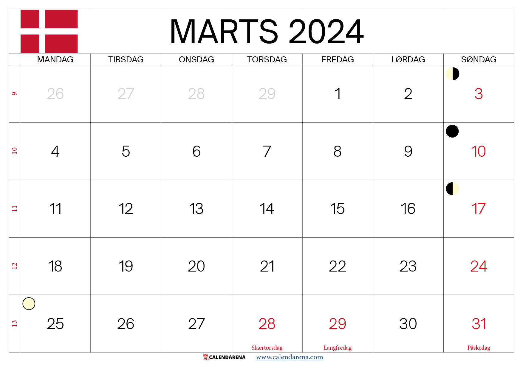 kalender 2024 marts danmark
