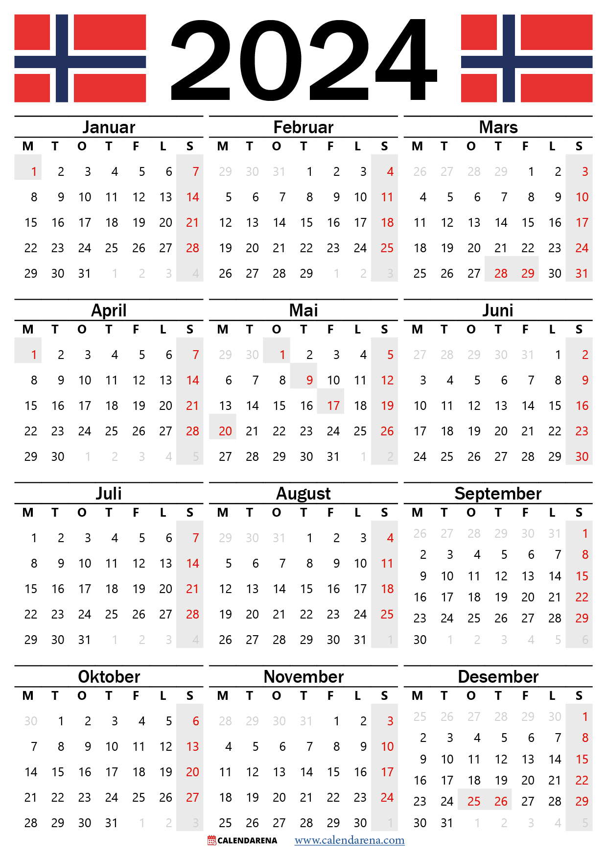 kalender med helligdager 2024
