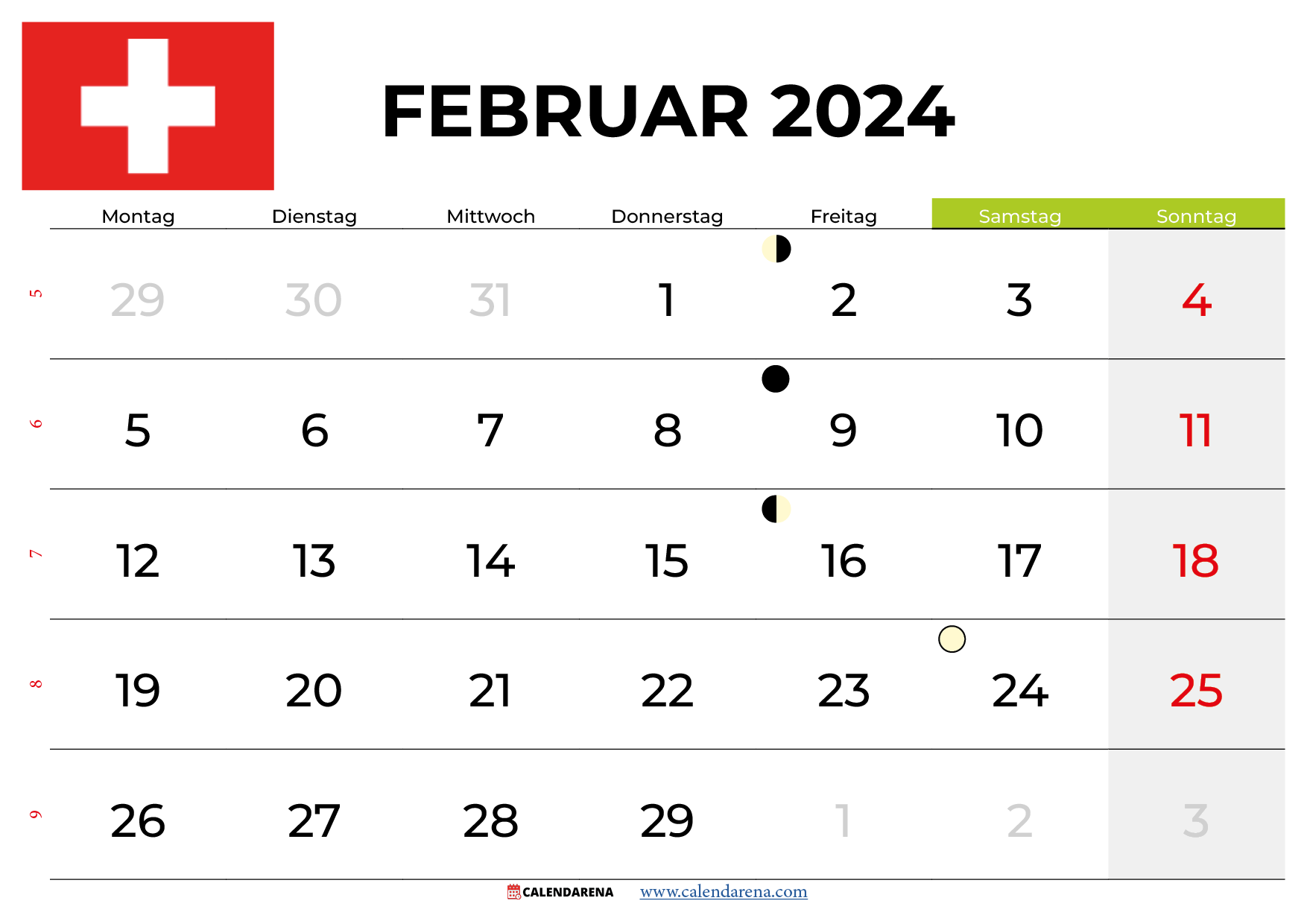kalender februar 2024 zum ausdrucken Schweiz
