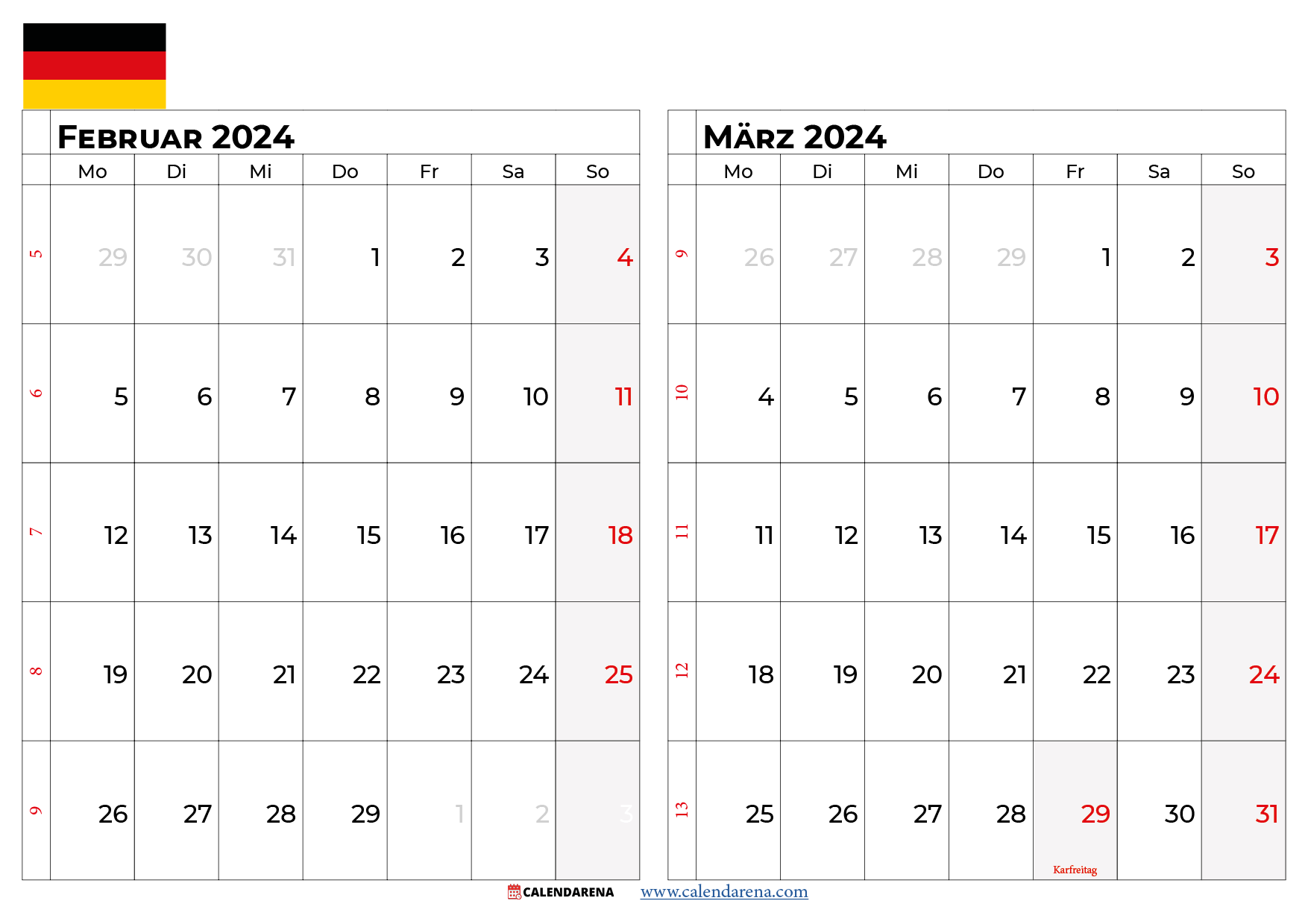 kalender februar märz 2024 Deutschland
