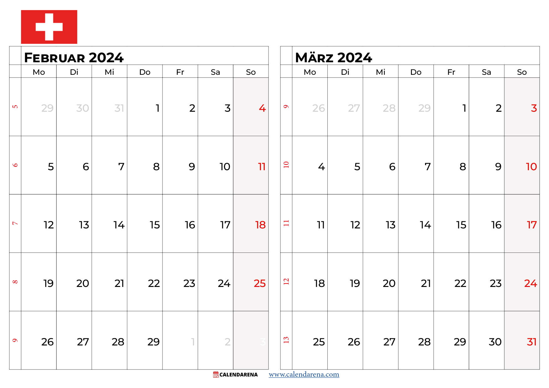 kalender februar märz 2024 schweiz