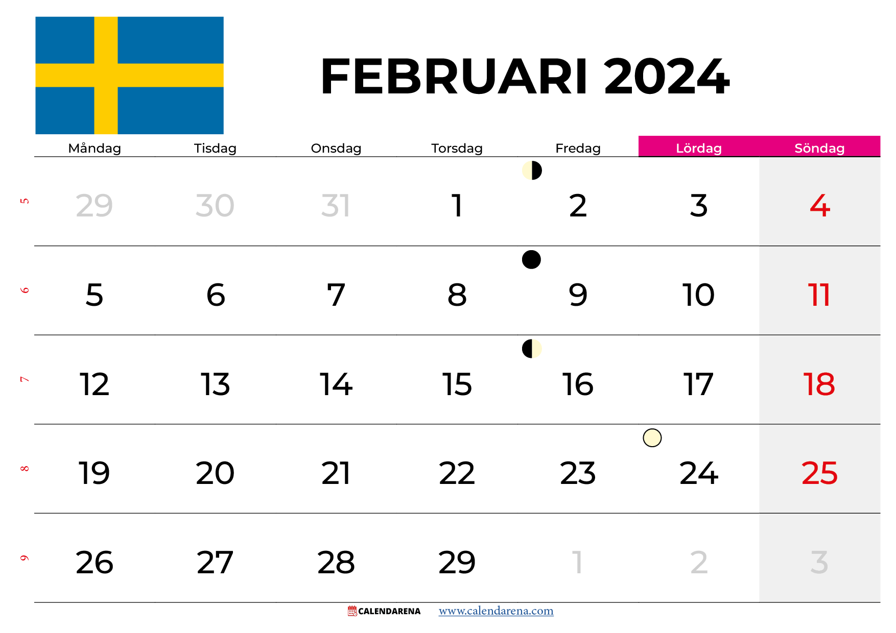 kalender februari 2024 Sverige