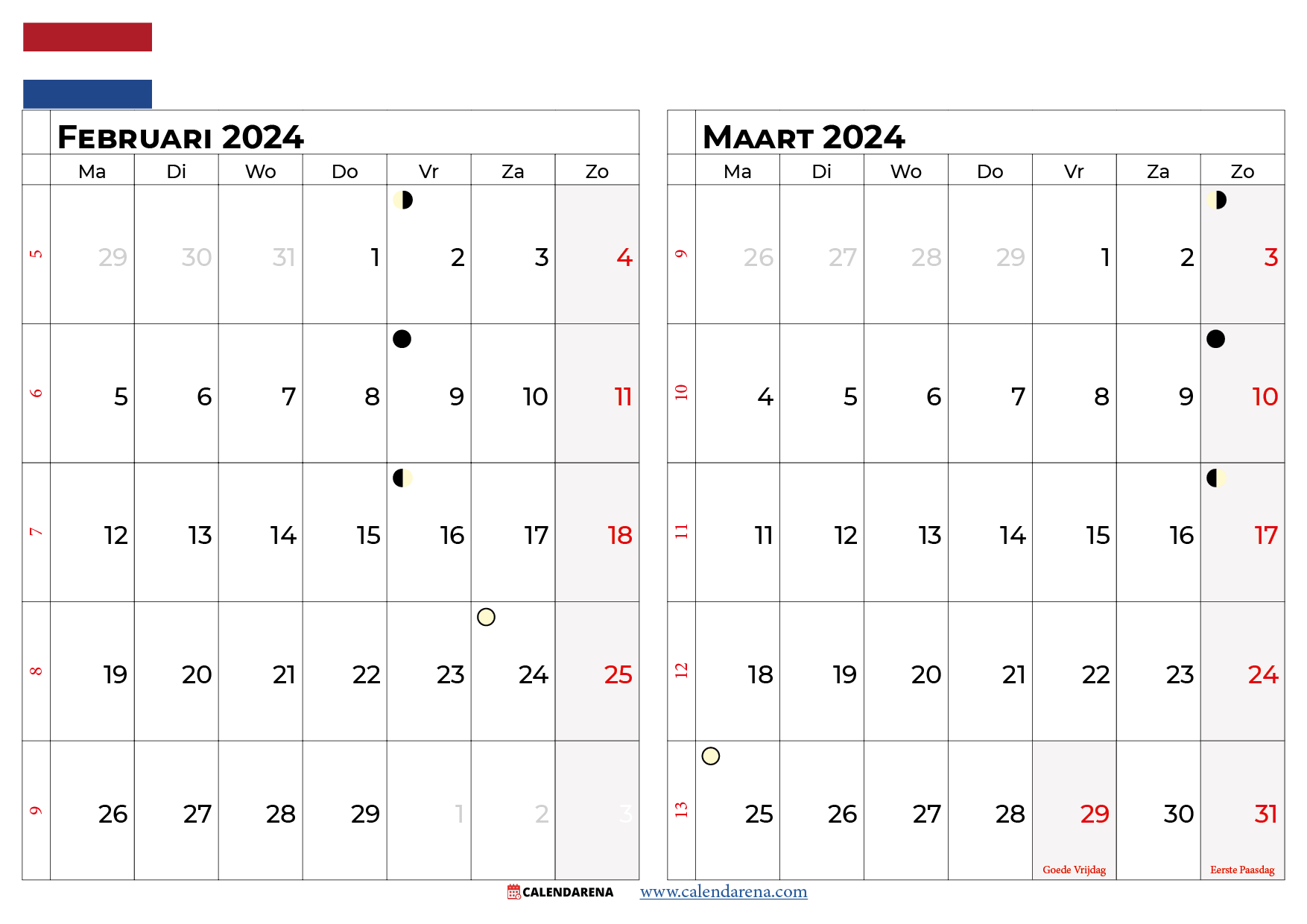 kalender februari maart 2024 Nederland