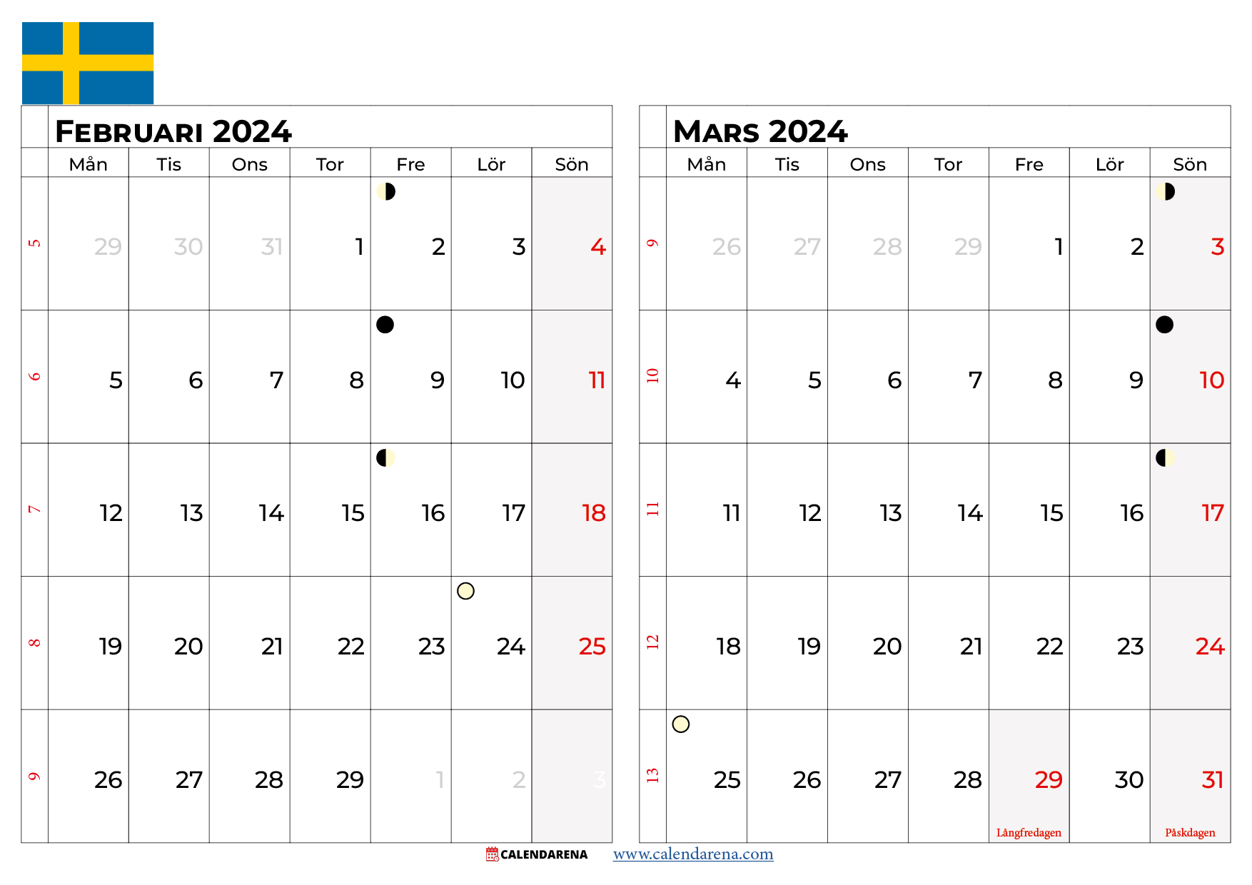kalender februari mars 2024 Sverige
