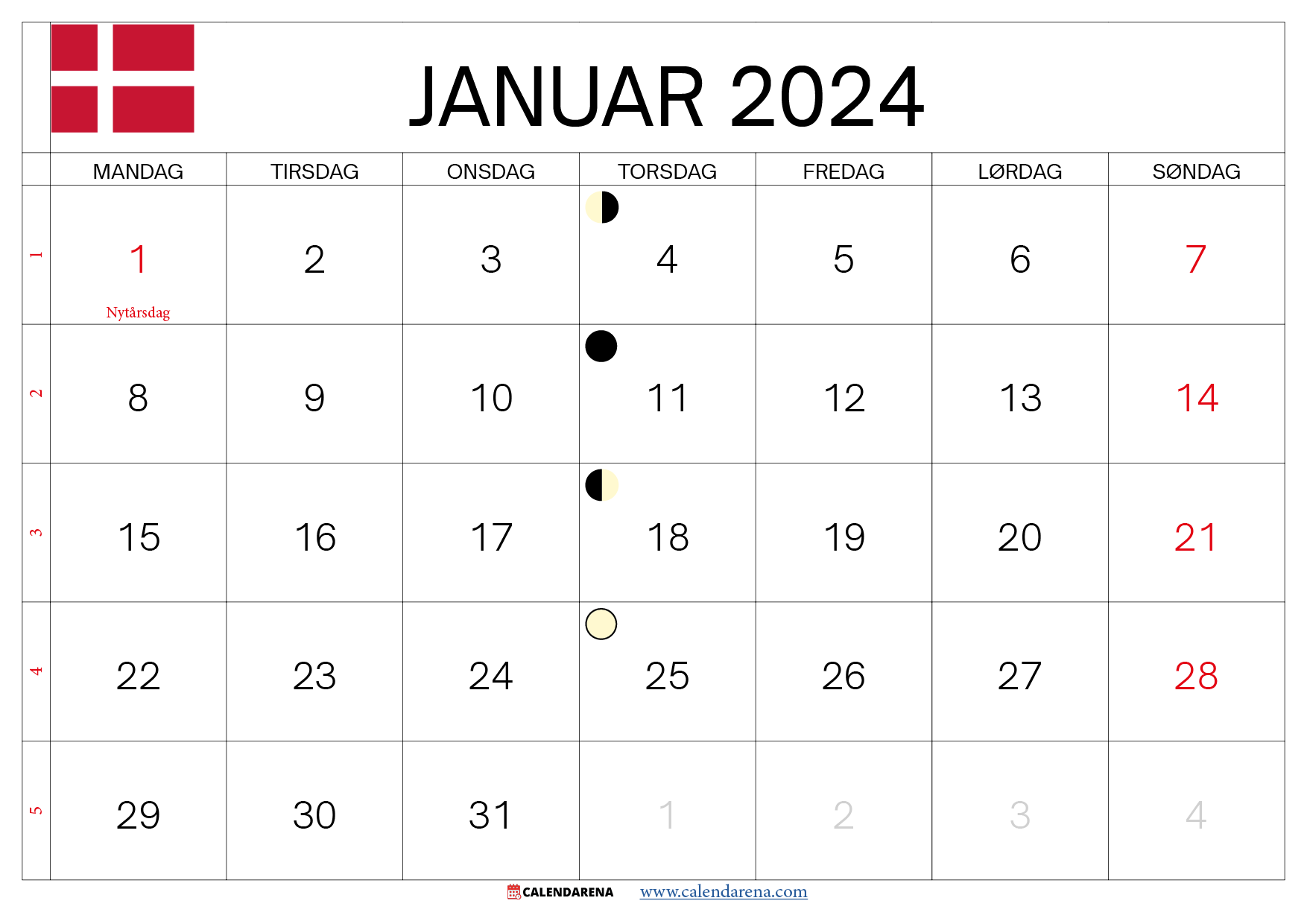 kalender januar 2024 Danmark