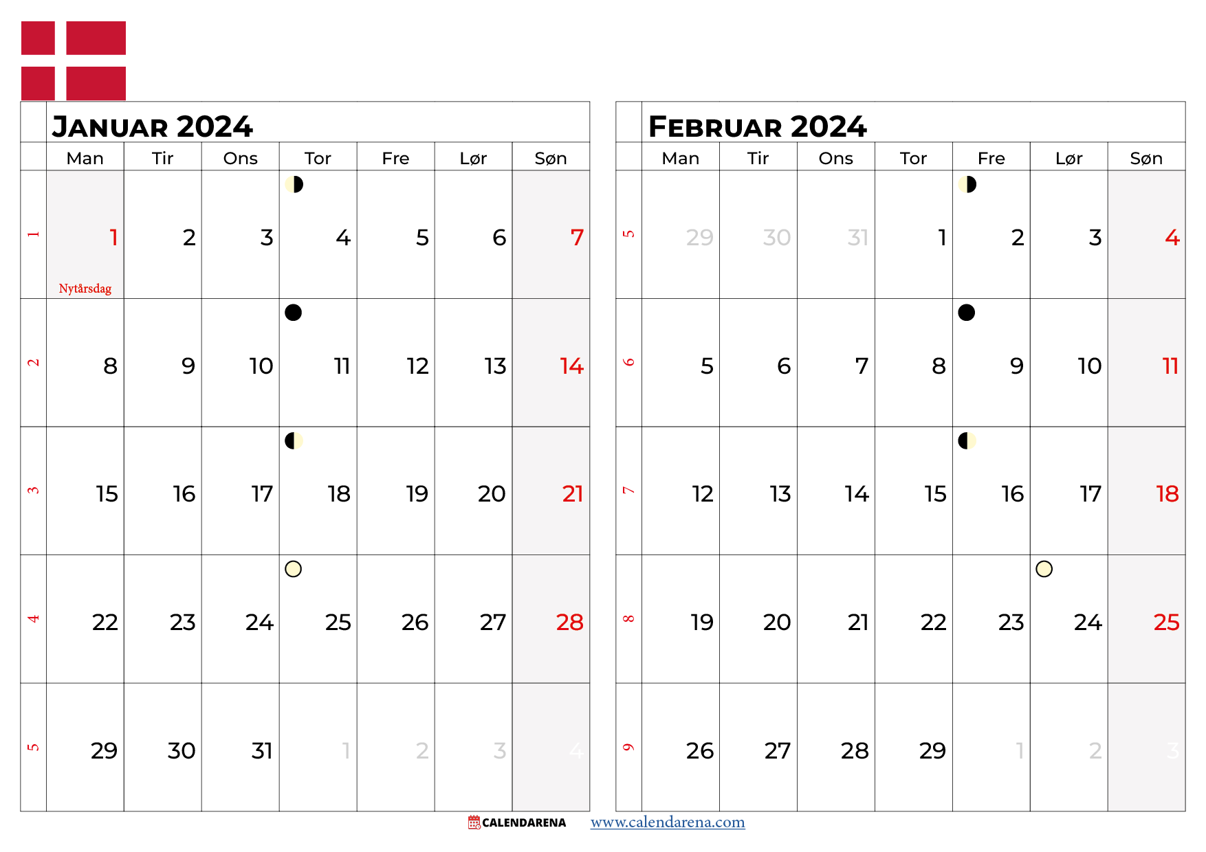 kalender januar februar 2024 Danmark