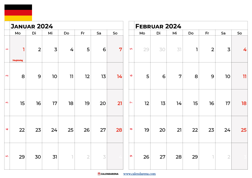 kalender januar februar 2024 Deutschland
