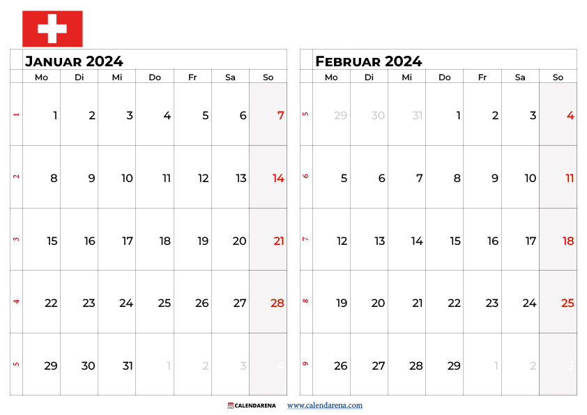 kalender januar februar 2024 Schweiz