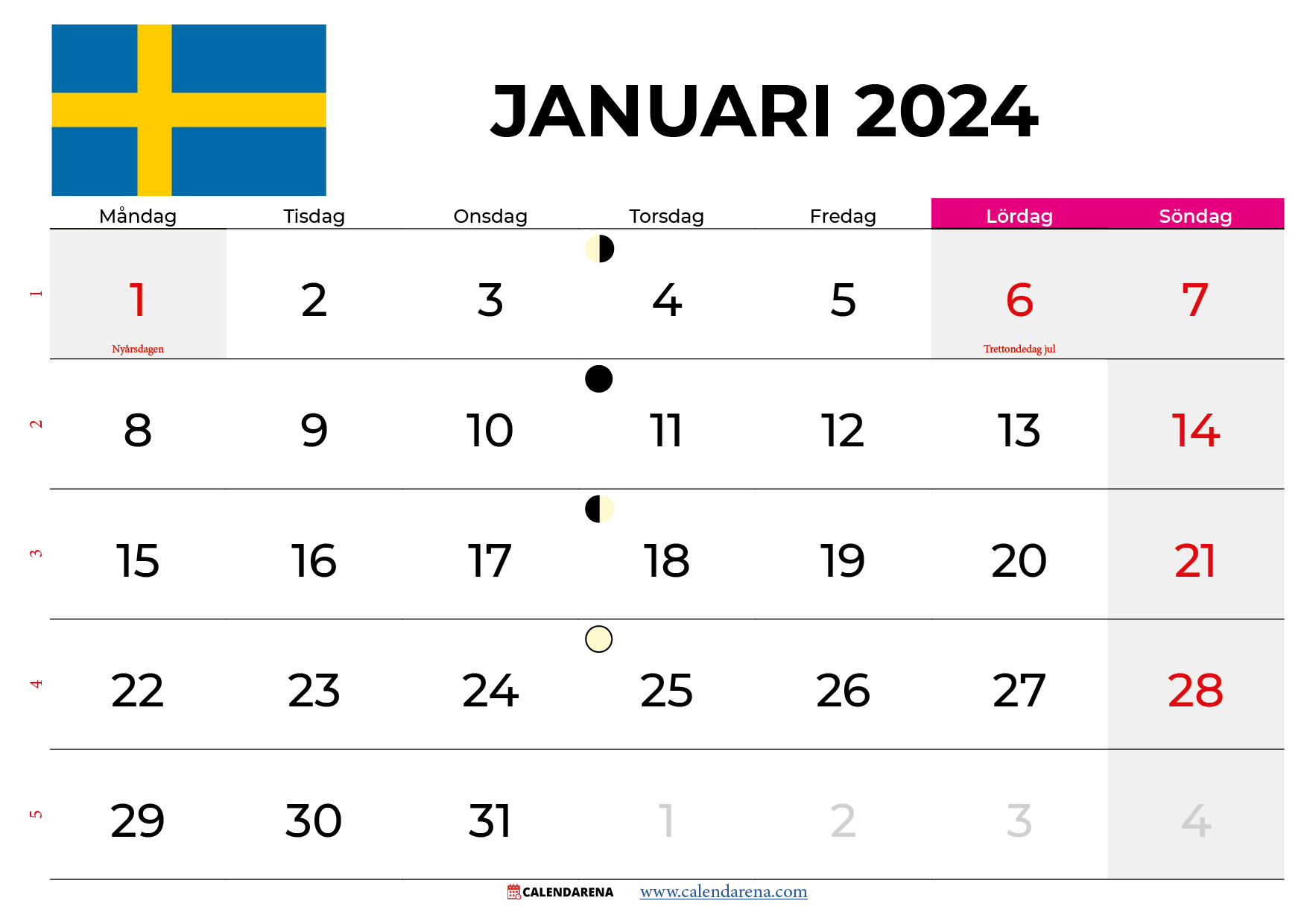 kalender januari 2024 Sverige