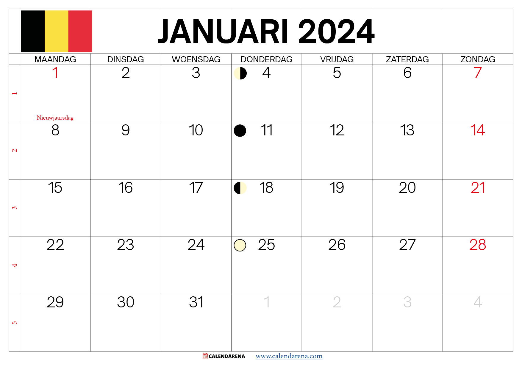 kalender januari 2024 pdf België