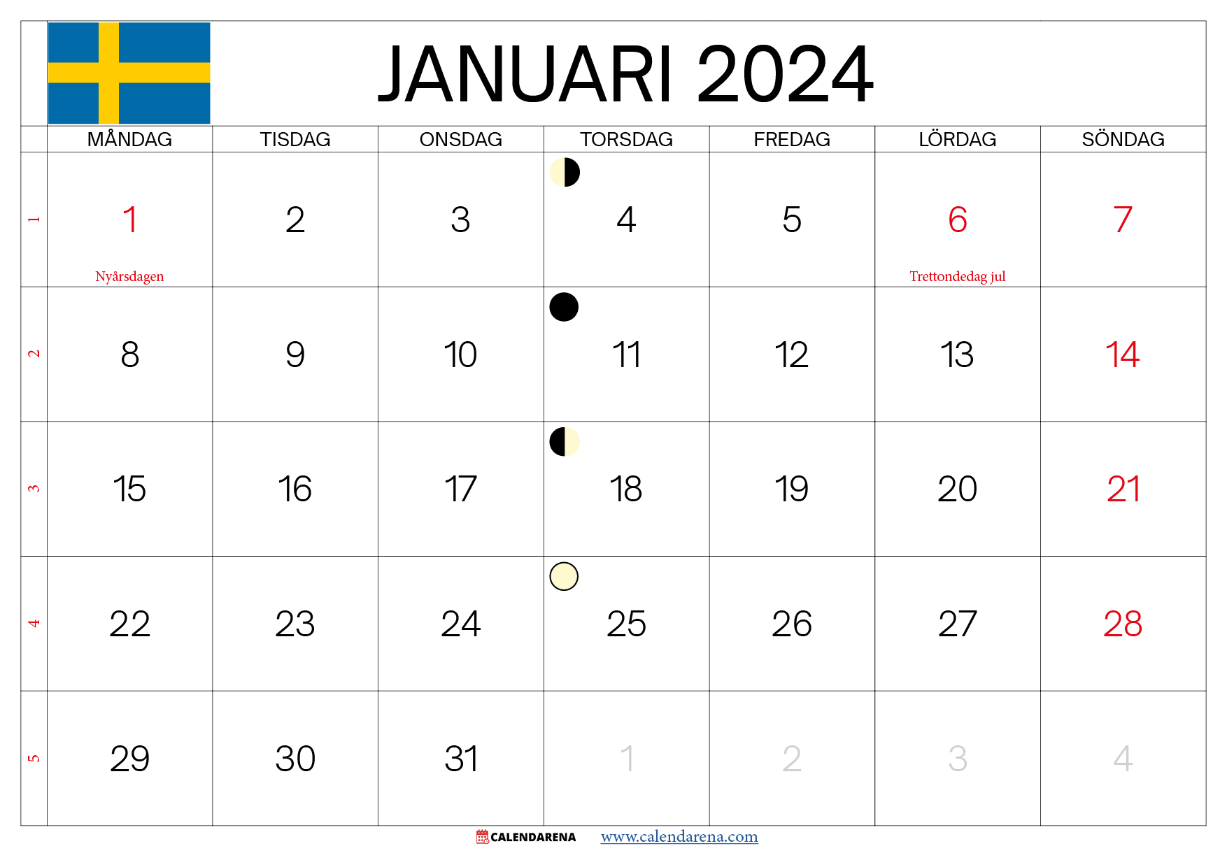 kalender januari 2024 pdf Sverige