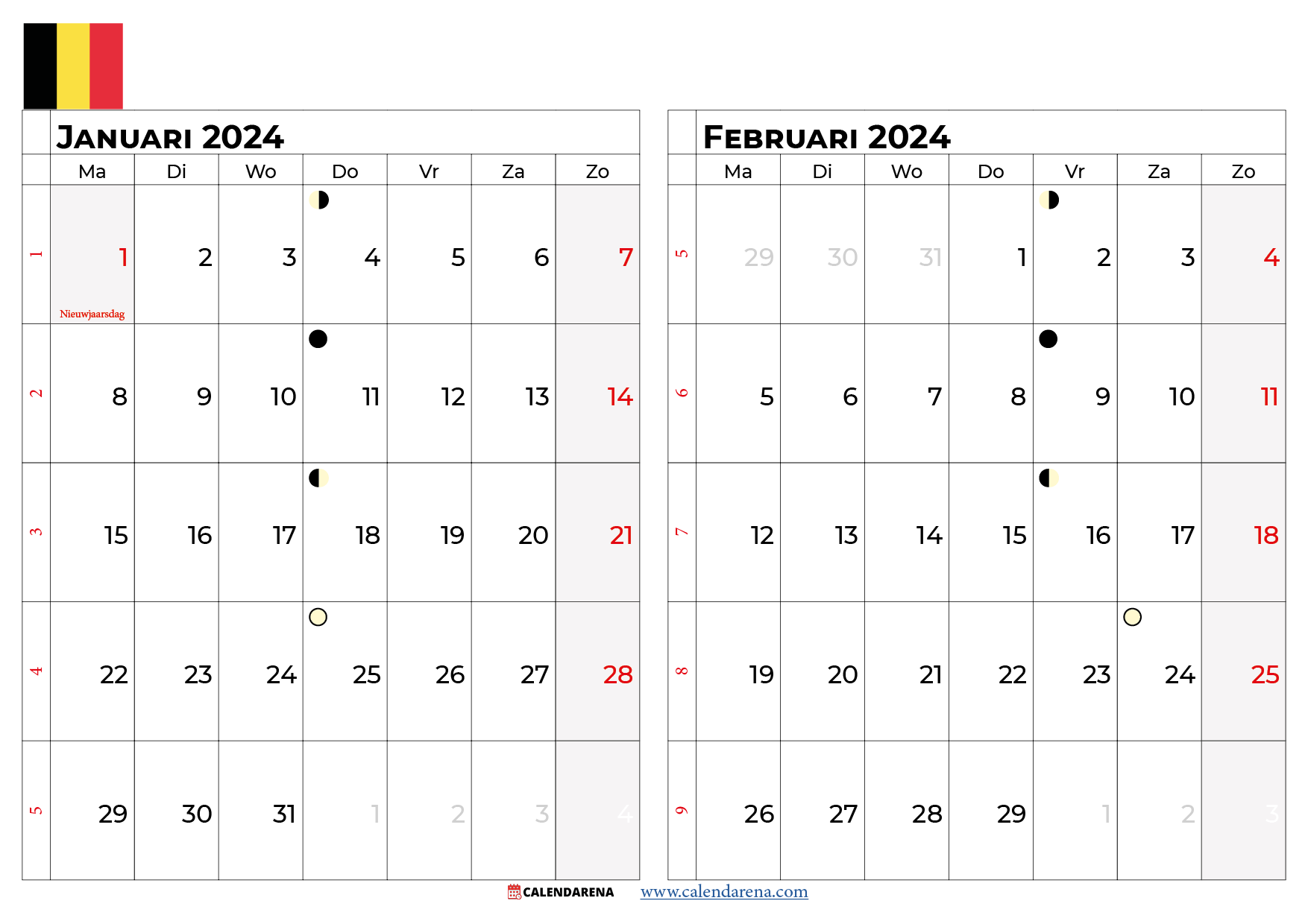 kalender januari februari 2024 België