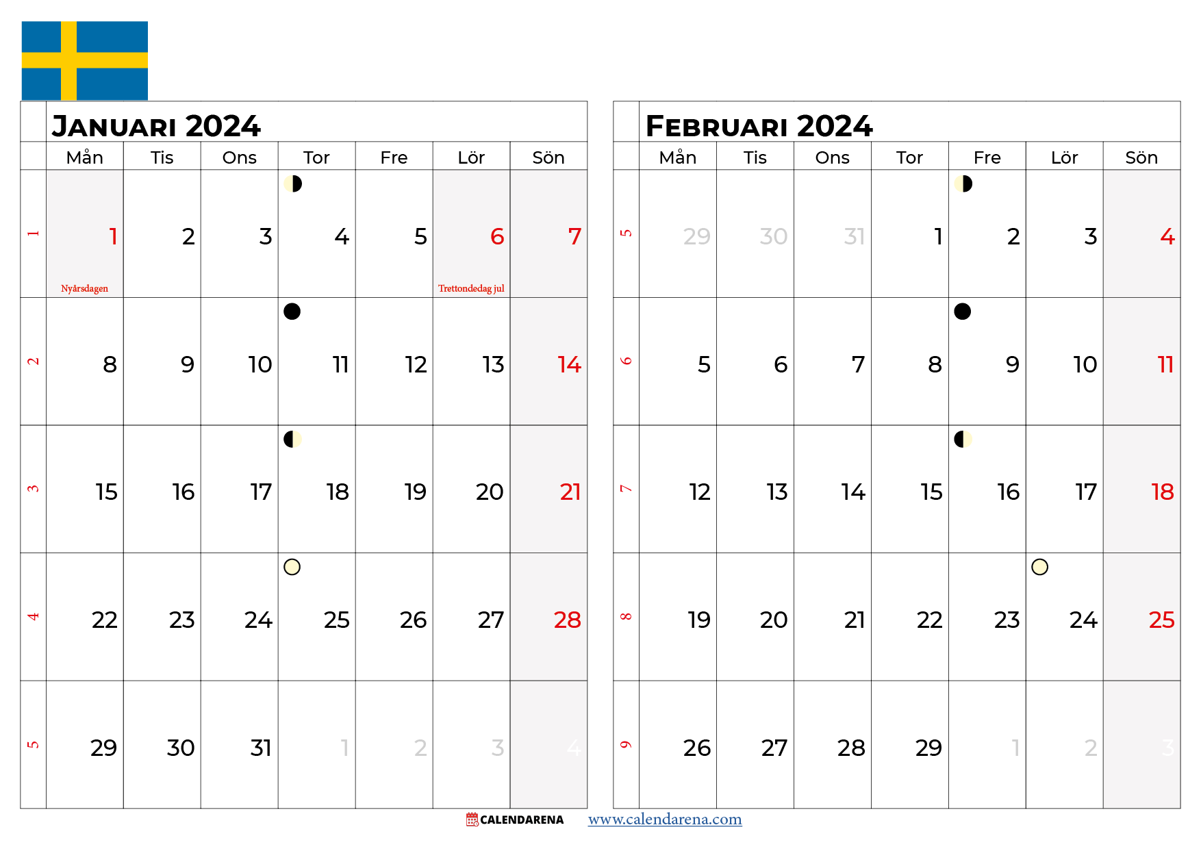 kalender januari februari 2024 Sverige