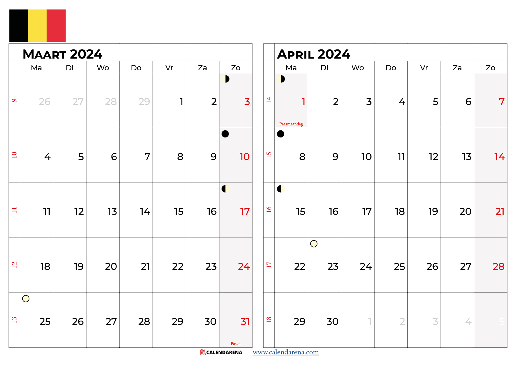kalender maart april 2024 België