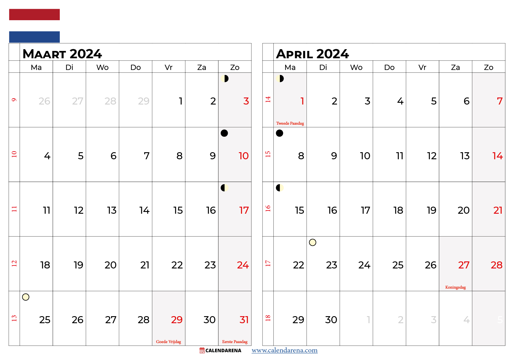 kalender maart april 2024 nederland